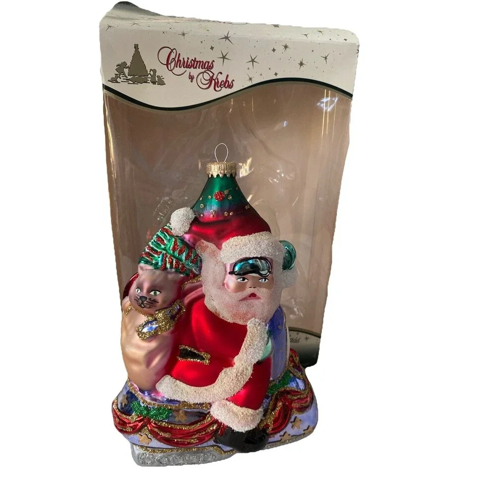 KREBS Lauscha Glas Santa On Snowmobile With Cat Christmas Ornament Original Box